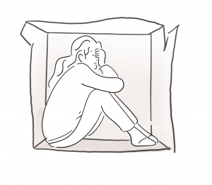 Selbstbestimmung - Ein Mädchen sitzt in einer Box, diese ist sehr eng und sie fühlt sich bedrängt. Sie hat keinerlei chance auf Selbstbestimmung